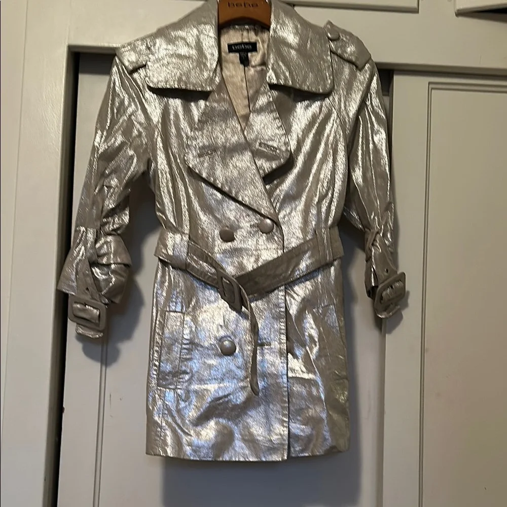 Vintage Bebe Shimmering leather Silver Trench Coat Retro Small - Picture 2 of 9